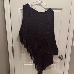 Fringed Asymmetric Women's Sweater Poncho - Dark Purple